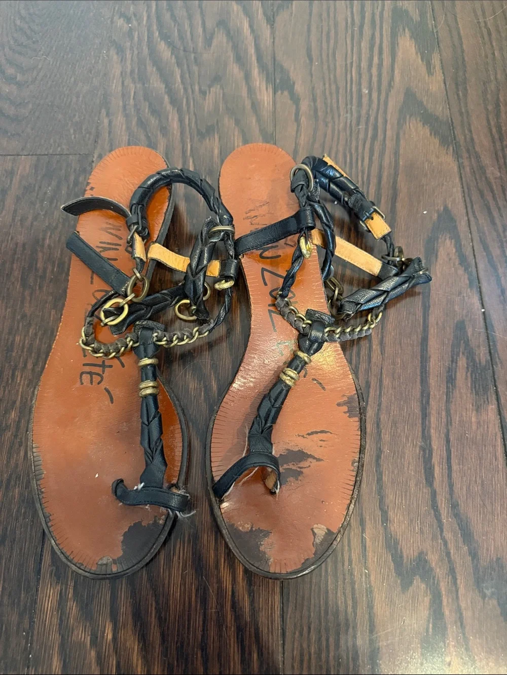 Lanvin Black Braided Leather Sandals with Gold Chain Accents